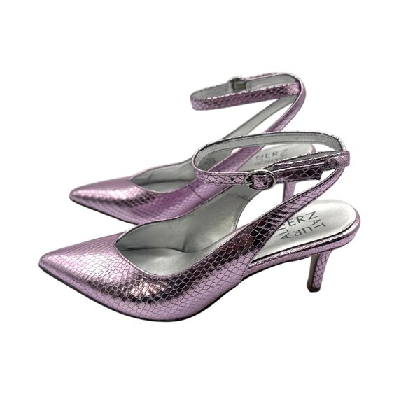 Naturalizer 7M Metallic Pink Snake Embossed Pointed Toe Heels With Ankle Strap - Picture 2 of 11